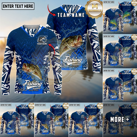 Maxcorners Fishing Tribal Blue Personalized Name, Team Name Long Sleeve Shirt (9 Breeds)
