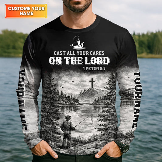 Maxcorners Cast All Your Cares on the Lord, Christian Fishing UPF Shirt, Funny Fishing Shirt