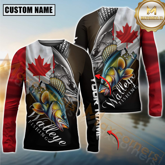 Maxcorners Walleye UV protection long sleeves fishing shirt Canada flag patriot Customize walleye fisherman gifts  LM2408