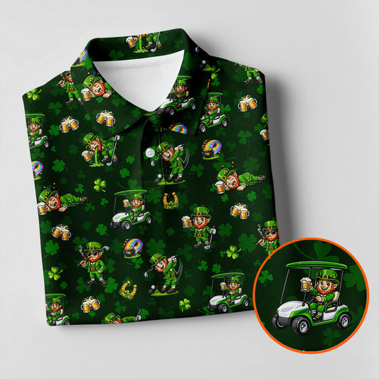 Maxcorners St Patrick's Day Golf Leprechaun Pose Shamrock Golf Shirt, Fun Golf Shirts For Men, Polo For Men
