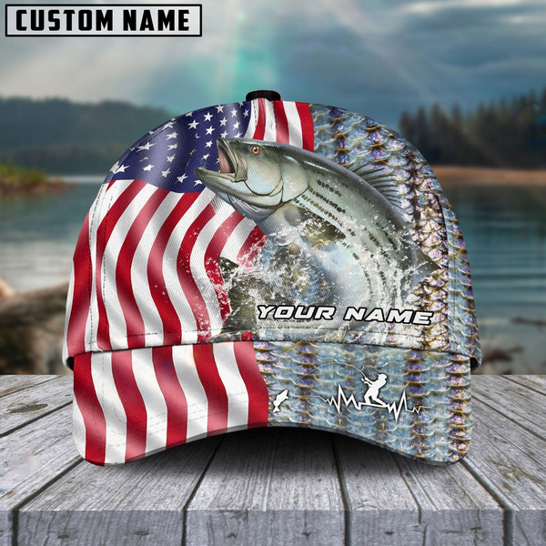 Maxcorners Striped Bass Skin American Flag Fishing Customized Name Classic 3D Cap