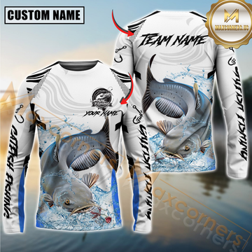 Maxcorners Catfish Fishing White Black Curve Pattern Design Custom Name & Team Name 3D Shirts