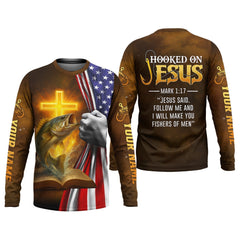 Maxcorners Hooked On Jesus Mark 1:17 Fishing UPF Shirts, Jesus Fishing Shirt, Fishing Shirt For Men