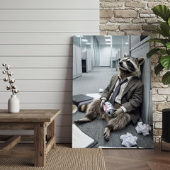Maxcorners Drunk Raccoon in Office Suit Sitting on Floor with Beer Canvas Wall Art