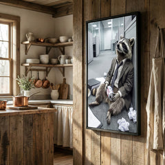 Maxcorners Drunk Raccoon in Office Suit Sitting on Floor with Beer Canvas Wall Art