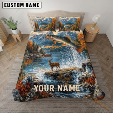 Maxcorners Deer Hunting Snowy Mountain River Custom Name 3D Bedding Set
