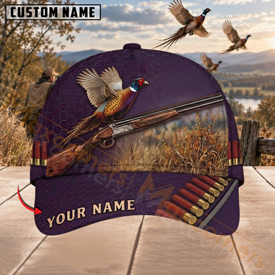Maxcorners Upland Bird Hunting Purple Flying Pheasant & Shotgun Personalized Name 3D Cap