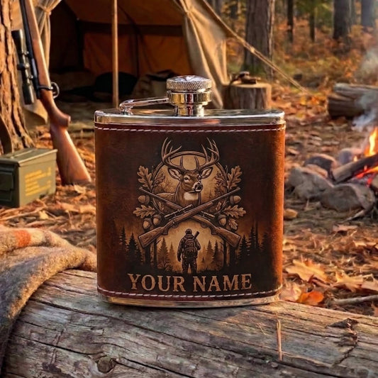 Maxcorners Hunting Deer Skull Crossed Arrows Woodland Design Personalized Name 3D Hip Flask