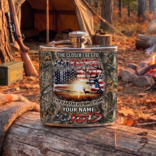 Maxcorners Hunting Patriotic Deer American Flag Skull Design Personalized Name 3D Hip Flask