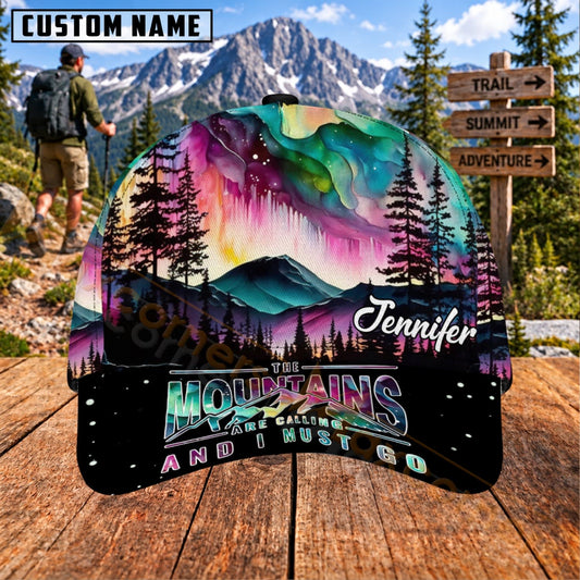 Maxcorners Hiking Colorful Aurora Mountain Forest Personalized Name 3D Cap