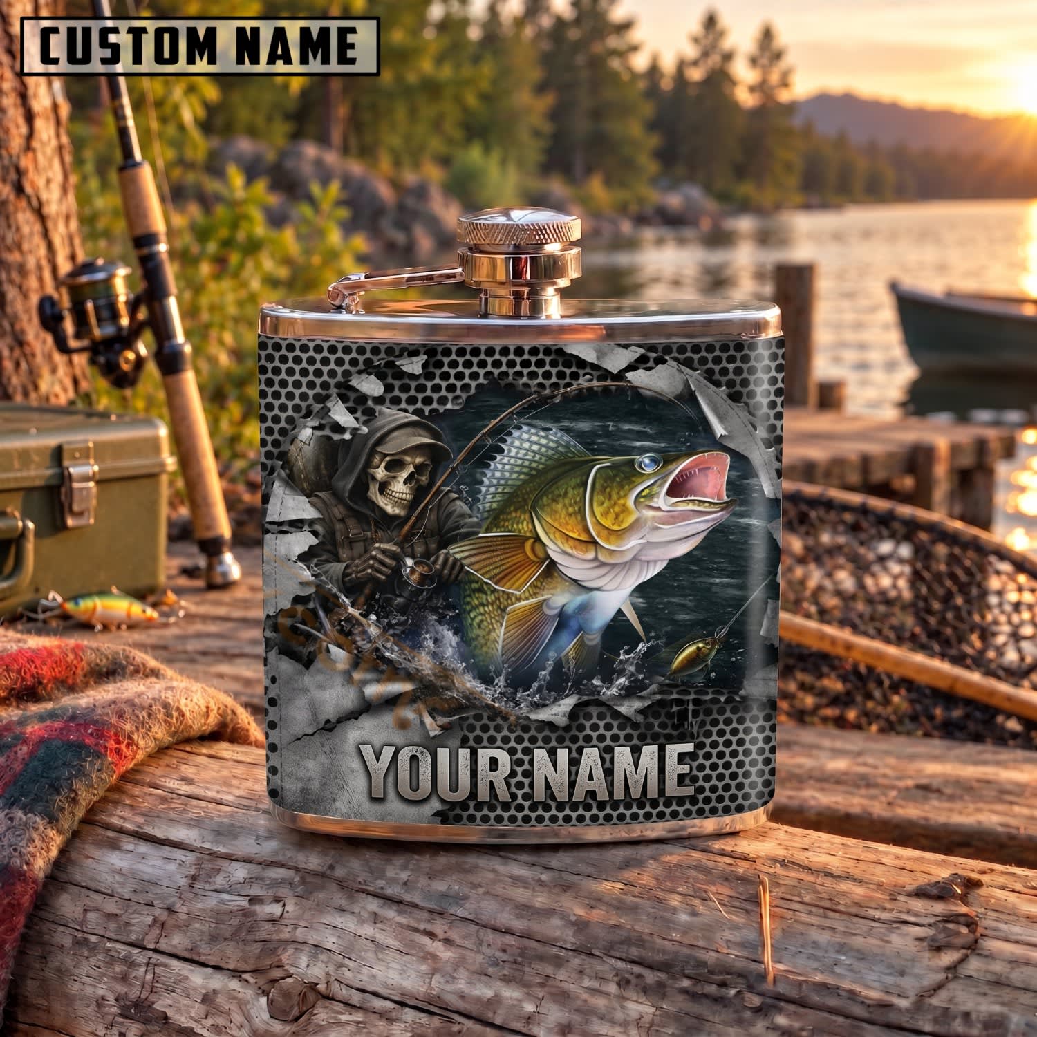 Maxcorners Fishing Grim Reaper Bass Dark Grunge Personalized Name 3D Hip Flask