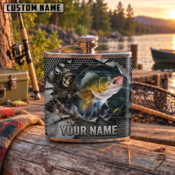 Maxcorners Fishing Grim Reaper Bass Dark Grunge Personalized Name 3D Hip Flask
