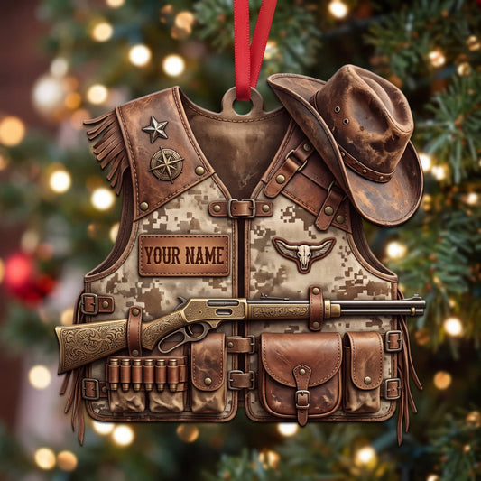 Maxcorners Hunting Western Leather Vest Cowboy Personalized Name 3D Keychain And Ornament