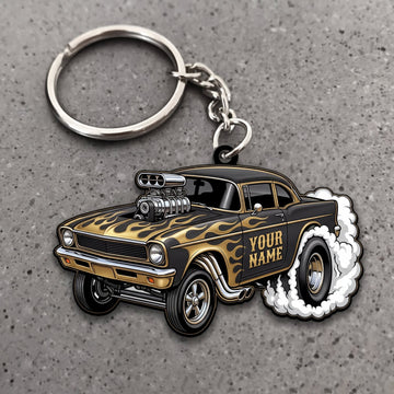 Maxcorners Classic Muscle Car Black Gold Racing Stripes and White Tire Smoke Personalized Name 3D Keychain And Ornament