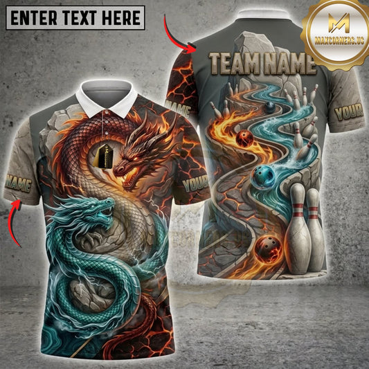 Maxcorners Bowling Dual Fire and Water Dragon Bowling Pins Multicolor Customized Name, Team Name 3D Shirts ( 4 Colors )