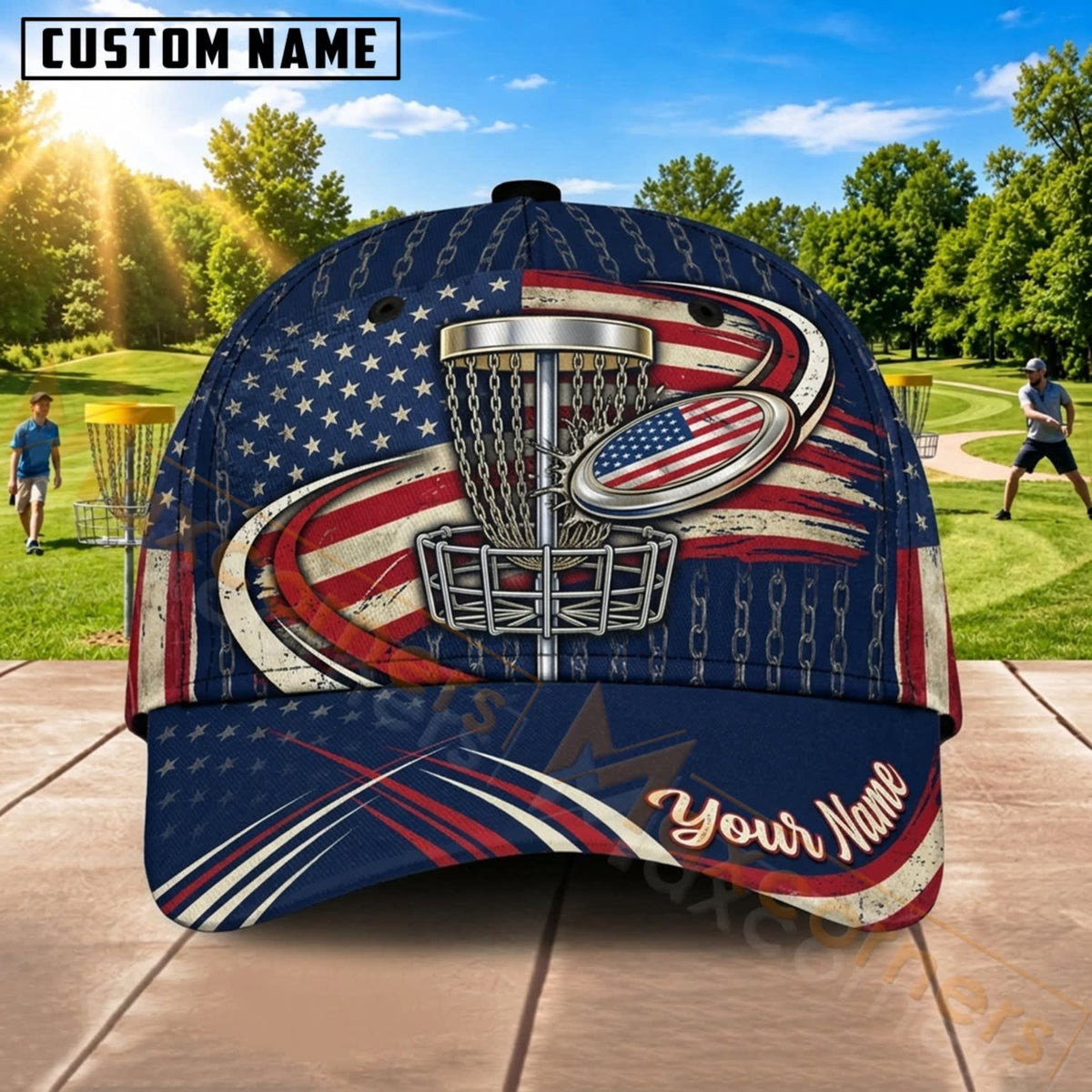 Maxcorners Disc Golf American Flag Flying Disc Basket Personalized Name 3D Cap