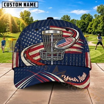 Maxcorners Disc Golf American Flag Flying Disc Basket Personalized Name 3D Cap