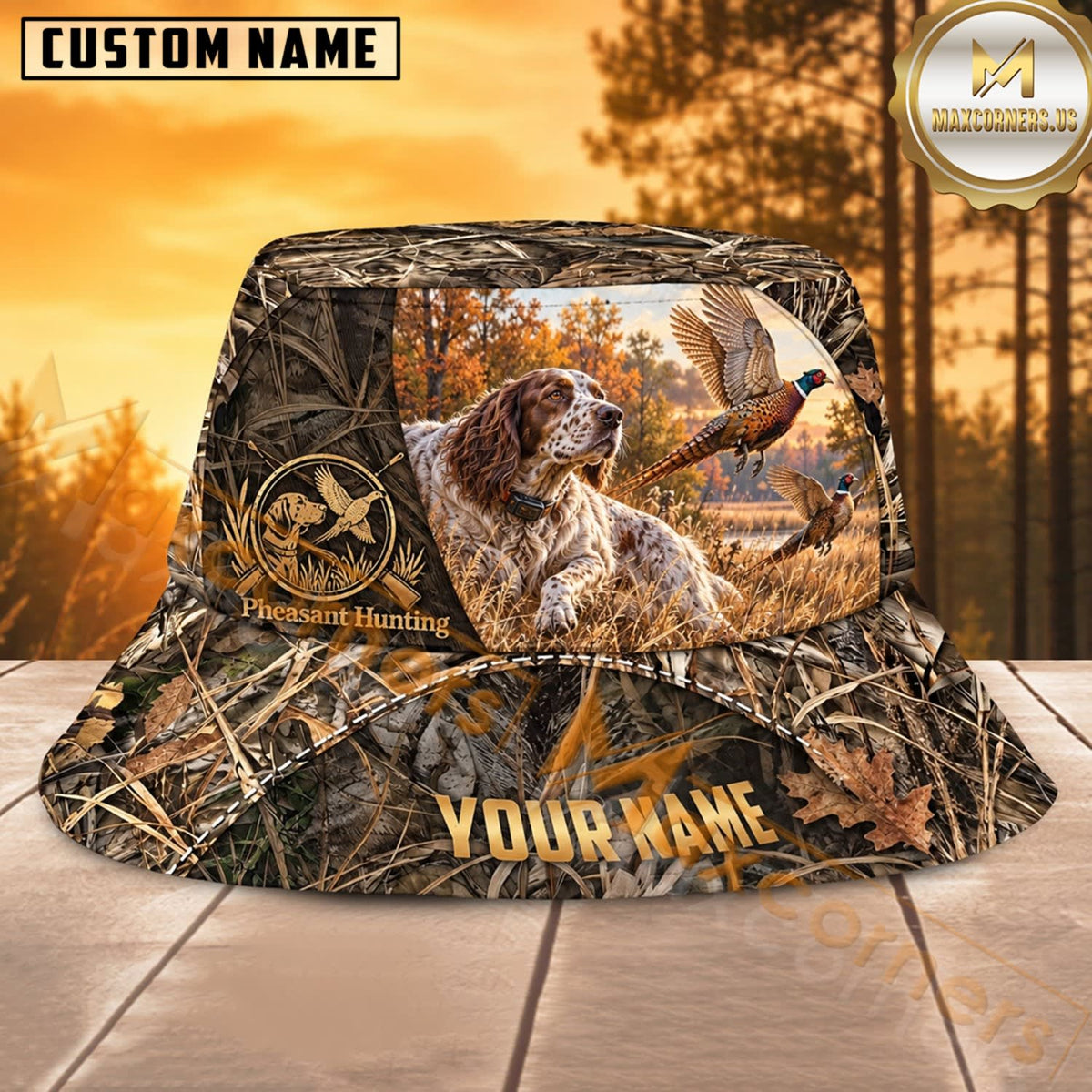Maxcorners Pheasant Hunting Dog Autumn Woodland Personalized Name 3D Bucket Hat