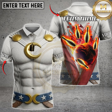 Maxcorners Bowling White Gold Muscular Armor Flaming Bowling Hand Personalized Name 3D Unisex Shirt