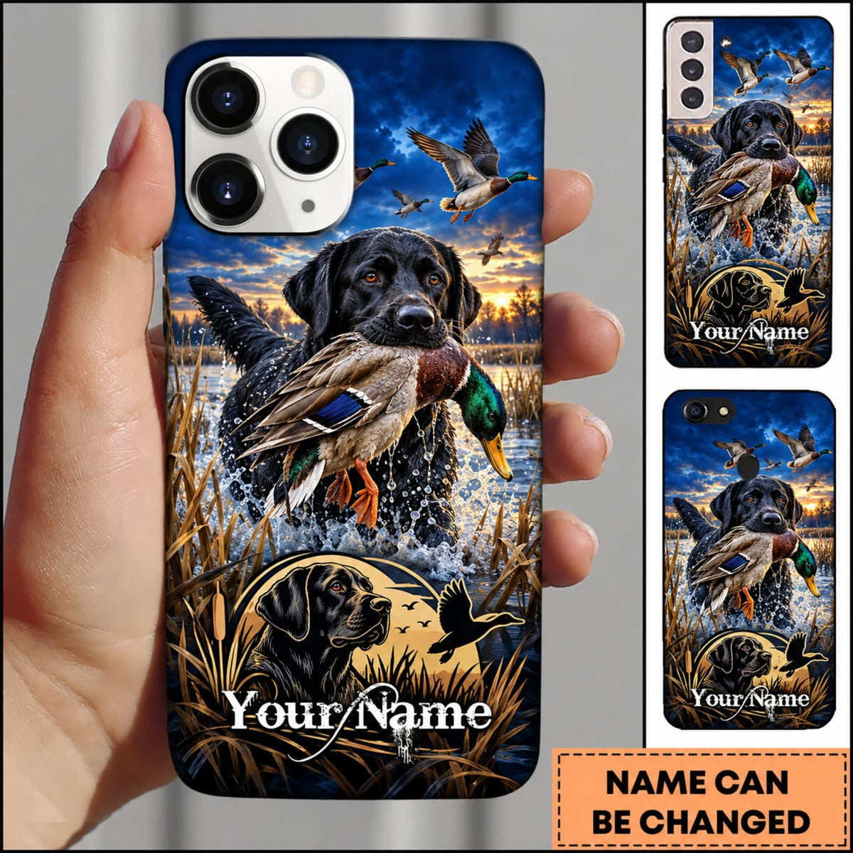 Maxcorners Duck Hunting German Shorthaired Pointer American Flag Marsh Adventure Personalized Name 3D Phone Case - Black Labrador Retriever