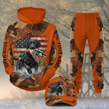 Maxcorners Duck Hunting Black Labrador American Flag Orange Camo Personalized 3D Shirts