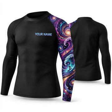 Maxcorners Personalized Galaxy Art Black Shirt with Blue Purple Cosmic Swirl Sleeve 3D All Over Printed Shirts, Best Gifts for Galaxy Lovers