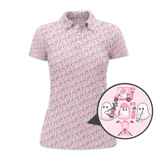 Maxcorners Ghost Of Halloween Pattern Golf Shirt, Funny Breast Cancer Golf Shirt, Ladies Golf Shirts