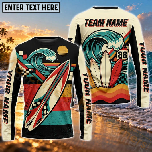 Maxcorners Surfboard Retro Coastal Ocean Art Customized Name, Team Name 3D Long Sleeve Shirt