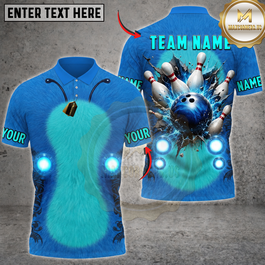 Maxcorners Monster Bowling Furry Character Bowling Strike Personalized Name 3D Unisex Shirt
