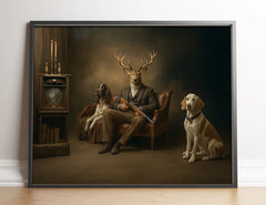 Maxcorners Deer Hunter Gentleman Canvas – Surreal Wall Art with Dogs for Cabin or Man Cave