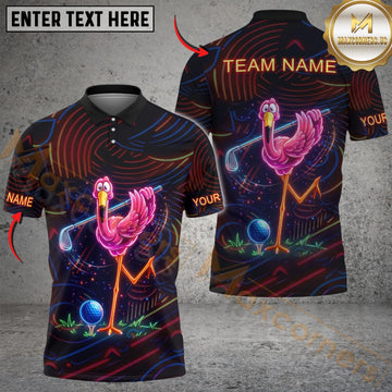 Maxcorners Golf Neon Flamingo Fun Art Customized Name, Team Name Shirts