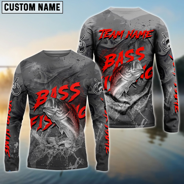 Maxcorners Bass Fishing Gray Blur Personalized Name, Team Name 3D Shirt