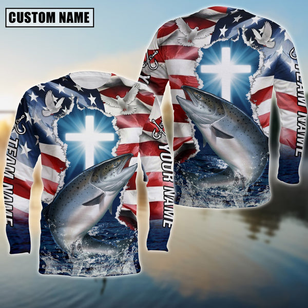 Maxcorners Salmon Fishing Cross Jesus With Flag of the United States Pattern Sport Custom Name & Team Name 3D Shirts