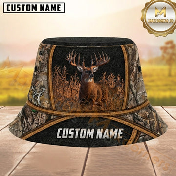 Maxcorners Deer Hunting Camo And Black Leather Texture Personalized Name 3D Bucket Hat