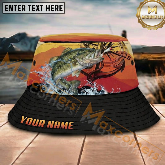 Maxcorners Fishing Compass Lure Sunset Splash Personalized Name 3D Bucket Hat (12 Fish Species)