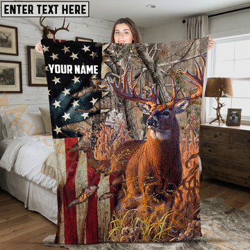 Maxcorners Patriotic Whitetail Buck USA Flag Hunting Personalized 3D Blanket