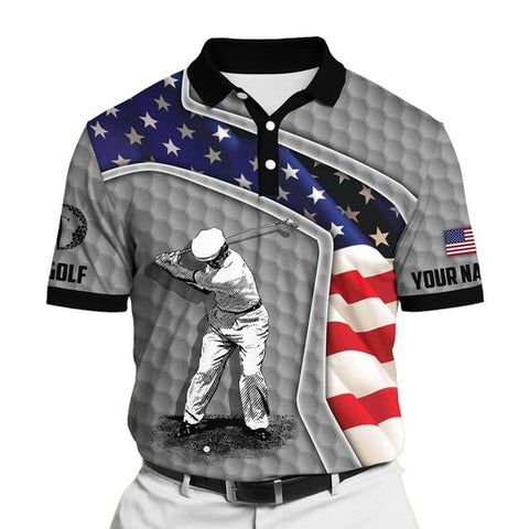 Maxcorner Customized Name Premium Cool Old Man US Flag Golf Player 3D Polo Shirt