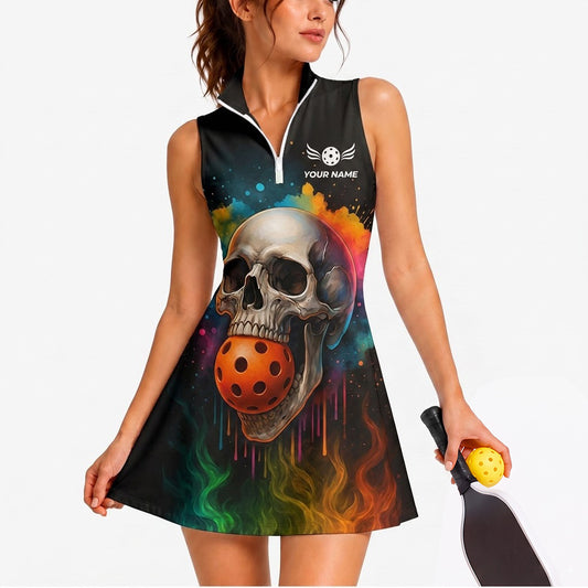 Maxcorners Pickleball Sleeveless Zipper Sports Dress Set Flaming Skull Pickleball Personalized Name 3D Sleeveless Zipper Sports Dress Set