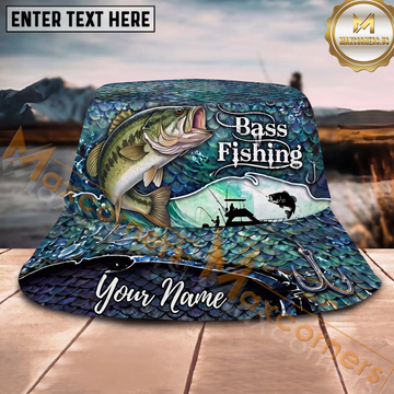 Maxcorners Fishing Blue Scale Angler Personalized Name 3D Bucket Hat (12 Fish Species)