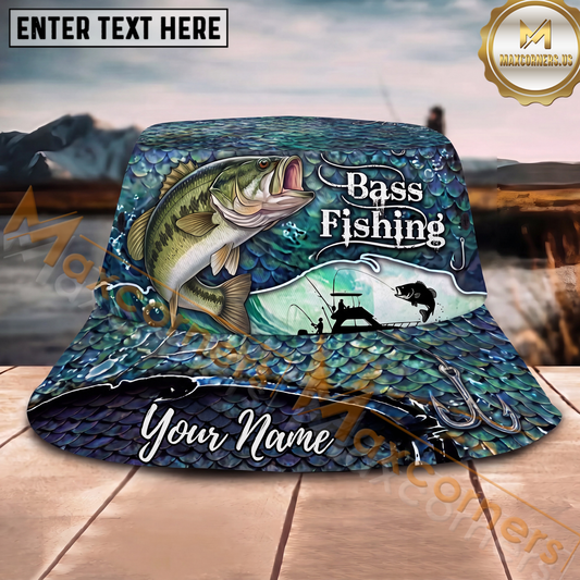 Maxcorners Fishing Blue Scale Angler Personalized Name 3D Bucket Hat (12 Fish Species)