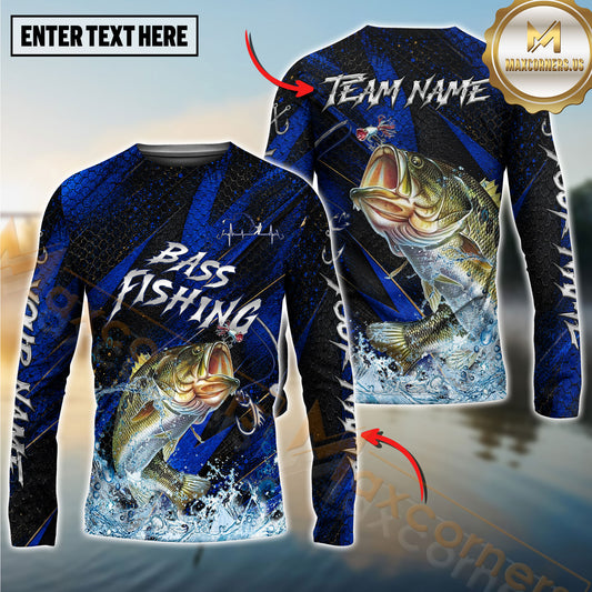 Maxcorners Fishing Blue Honeycomb Splash Personalized Name, Team Name 3D Long Sleeve Shirt (12 Fish Species)