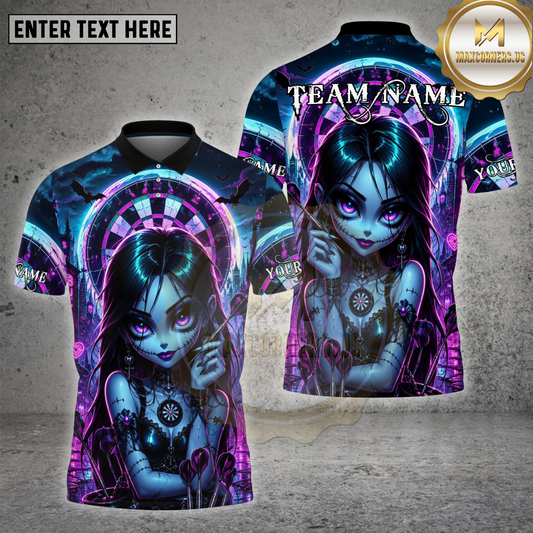 Maxcorners Darts Neon Gothic Doll Purple Blue Dartboard Multiple Personalized Name, Team Name 3D Shirt