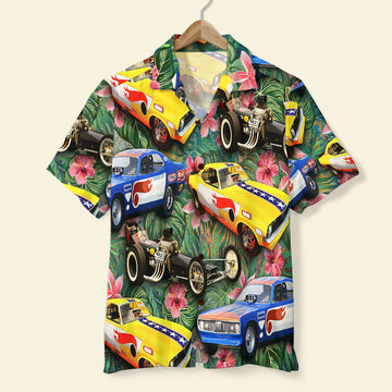 Maxcorners Drag Racing Custom Car Photos with Floral Pattern, Personalized Hawaiian Shirt, Gifts for Drag Racers