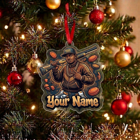 Maxcorners Personalized Hip Hop Trap Shooter Shotgun Gold Chain Clay Targets Graffiti Acrylic Christmas Ornament And Keychain Custom Gift For Hunters 2D Flat