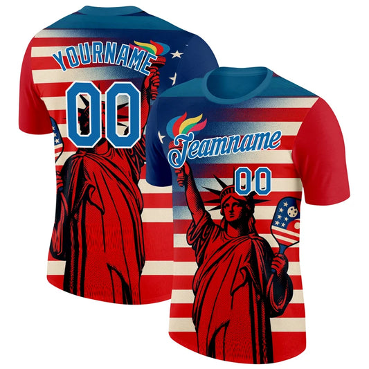 Maxcorners Statue Of Liberty Pickleball American Flag Torch Jersey Personalized Name 3D Unisex Shirt