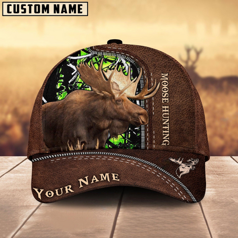 Maxcorners Moose Hunting Brown Leather Pattern Mutilcolored Personalized Name 3D Cap