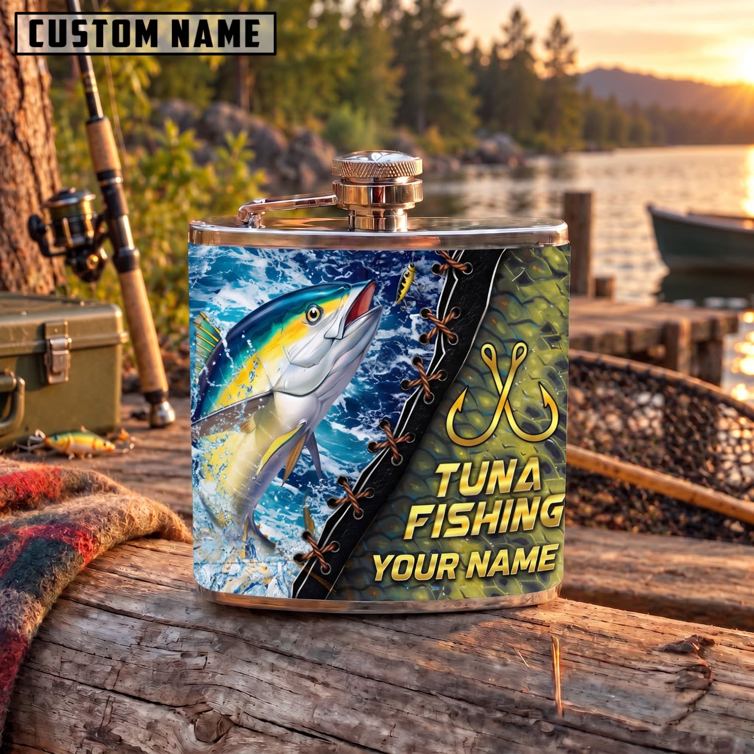 Maxcorners Fishing Tuna Blue Ocean Hook Design Personalized Name 3D Hip Flask