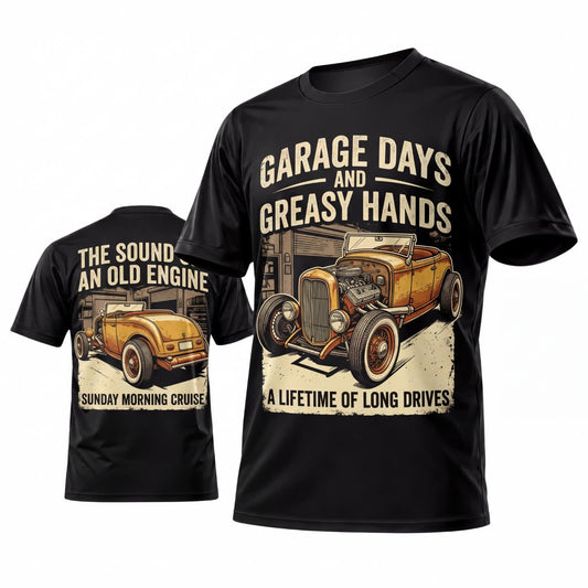 Maxcorners Personalized Car Classic Muscle Car 3D T-Shirt – Black Garage Days Greasy Hands Vintage Hot Rod