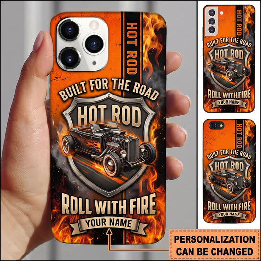 Maxcorners Hot Rod Black Vintage Car with Orange Flames and Built for the Road Design Personalized Name 3D Phone Case