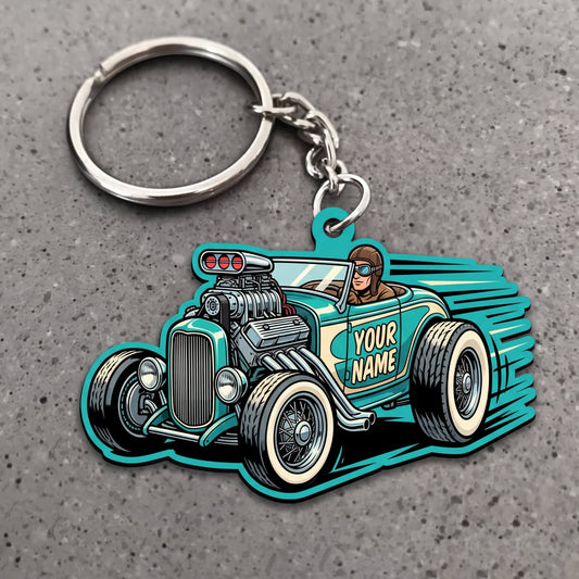 Maxcorners Hot Rod Turquoise Vintage Roadster with Retro Racing Stripes Personalized Name 3D Keychain And Ornament